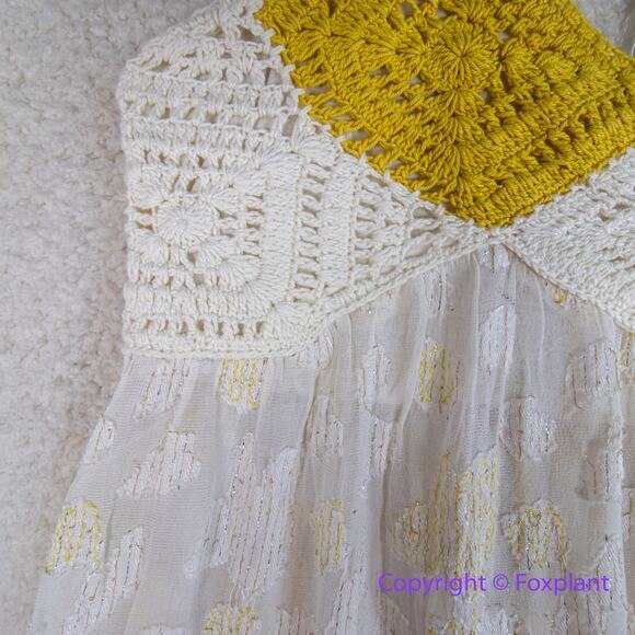 New! Free People Women's Crochet‎ Halter Yellow Bell Tunic Ivory Combo, size L - Picture 6 of 11